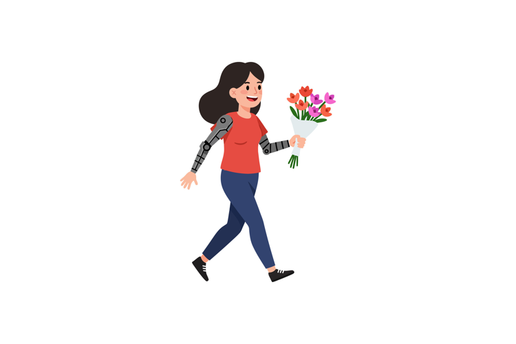 Woman with robotic arm happily walking and holding colorful