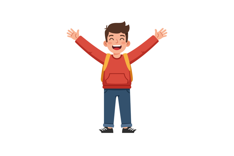 Happy young boy with arms raised in flat vector art