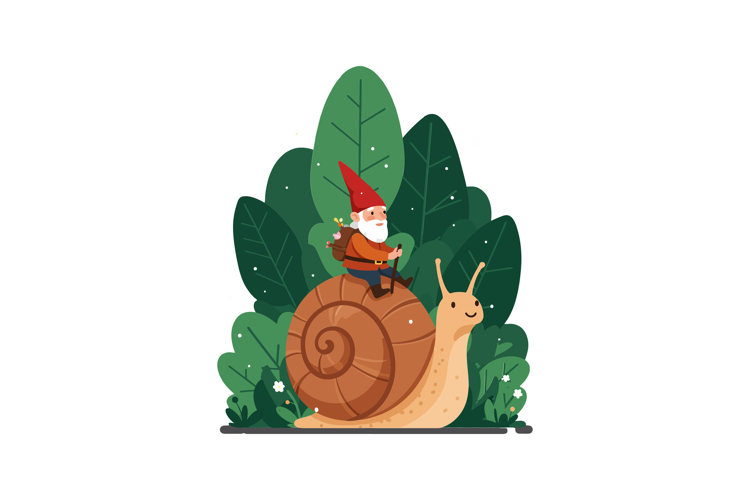 Whimsical gnome riding a giant snail in flat vector art
