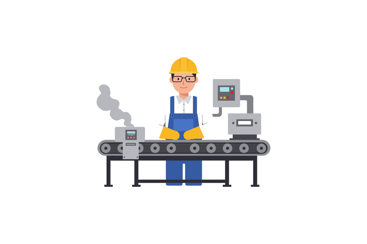 Worker operating machinery on conveyor belt in flat vector i