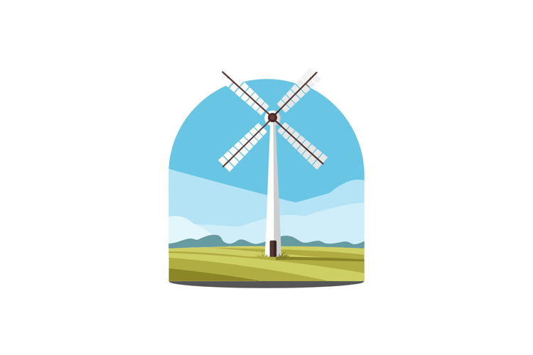 Wind turbine rotating in flat design with green landscape ve