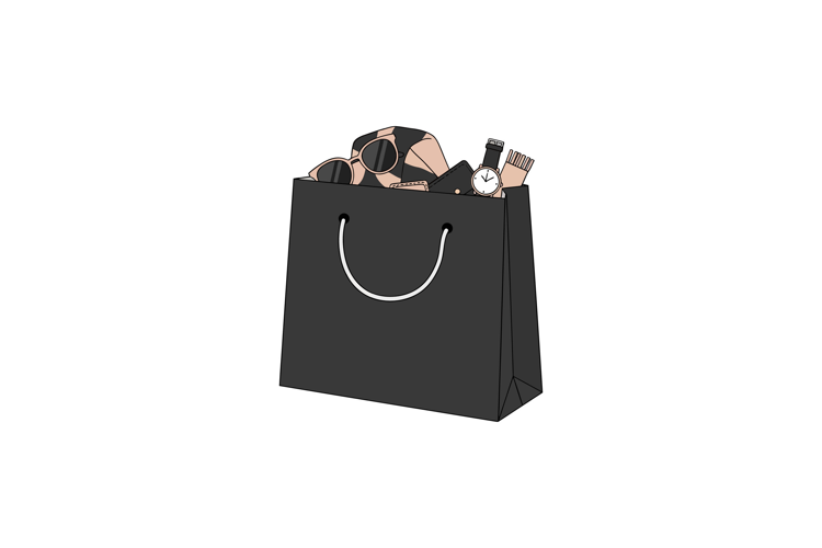 Shopping bag filled with stylish items in minimal vector ill