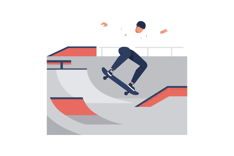 Skateboarder performing tricks in a modern skatepark flat ve