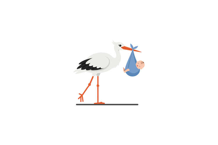 Stork carrying a baby in a blue bag minimal vector illustrat