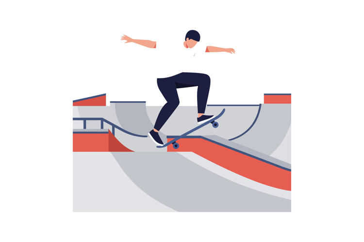 Skateboarder performing tricks in a modern skate park flat v