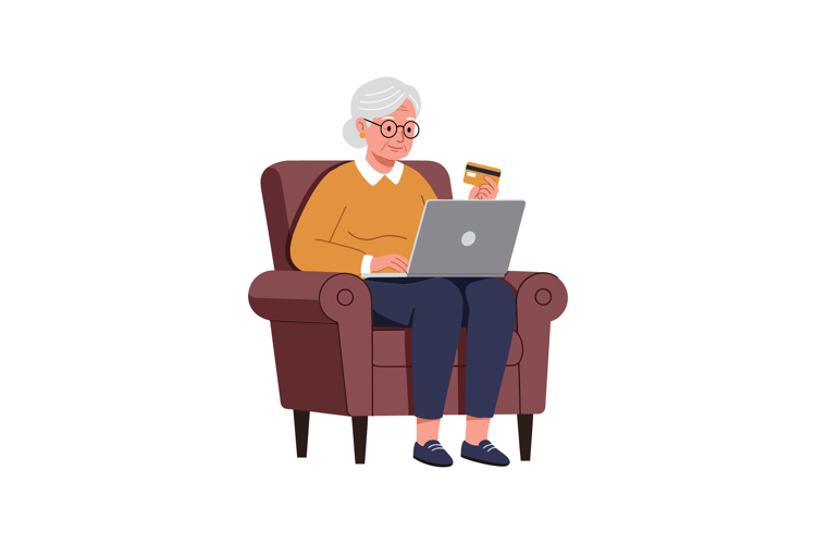 Senior woman using laptop while sitting in cozy armchair vec