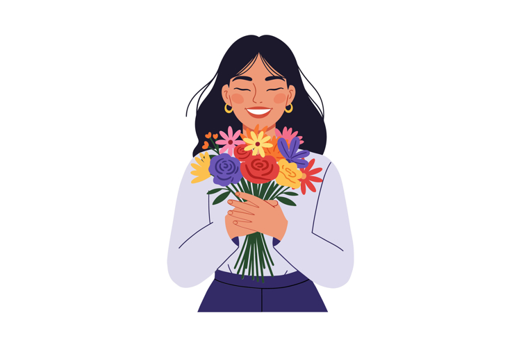 Woman smiling while holding a vibrant bouquet of flowers vec
