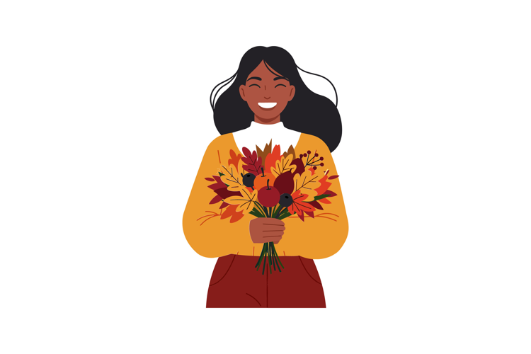 Woman holding a colorful bouquet in minimal flat vector illu