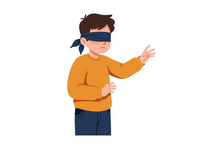 Boy wearing a blindfold reaching out in flat vector art