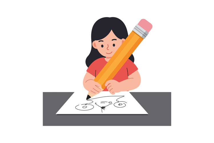 Young girl drawing with a large pencil in flat vector art