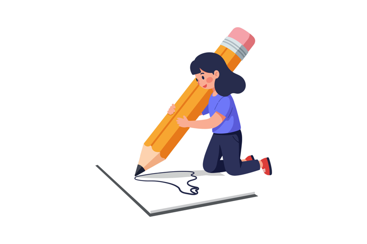 Child drawing with oversized pencil in flat vector illustrat