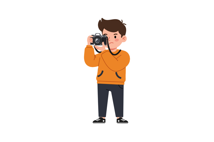 Boy taking photographs in orange hoodie, flat vector art