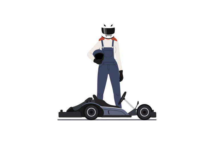 Racing driver standing confidently next to go-kart in minima