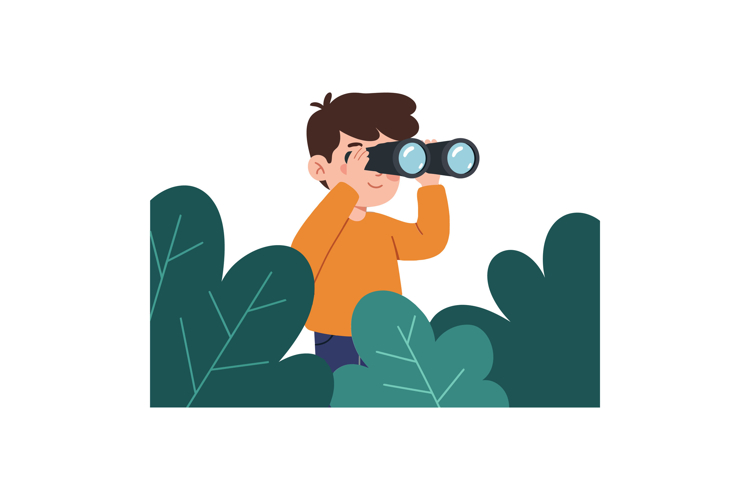 Boy using binoculars among green foliage in flat vector art