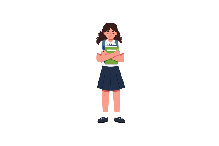 Student girl standing with books in flat vector illustration