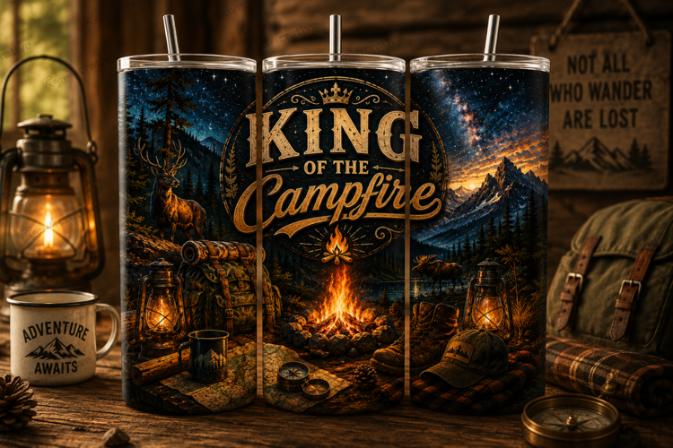 King Of The Campfire Tumbler Wrap PNG, Camping Dad Sublimati
