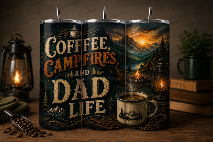Coffee Campfires And Dad Life Tumbler Wrap PNG, Camping Dad