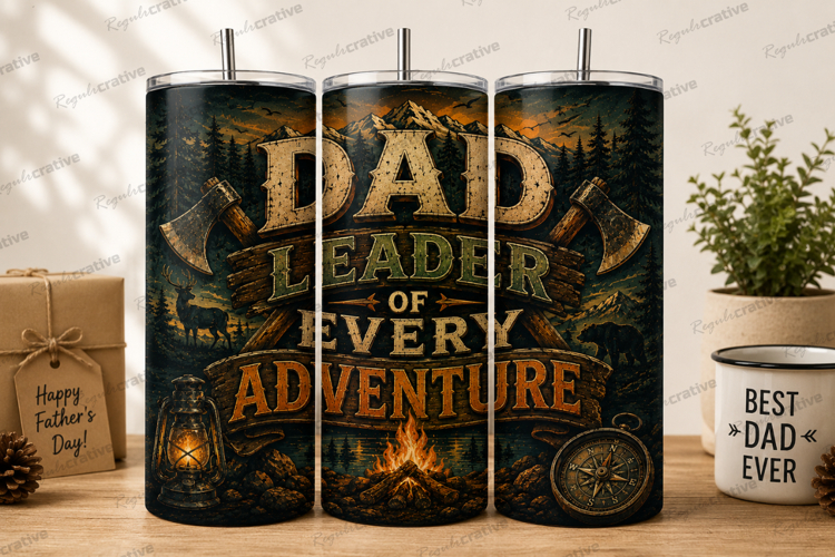 Dad Leads Every Adventure Tumbler Wrap PNG, Camping Father