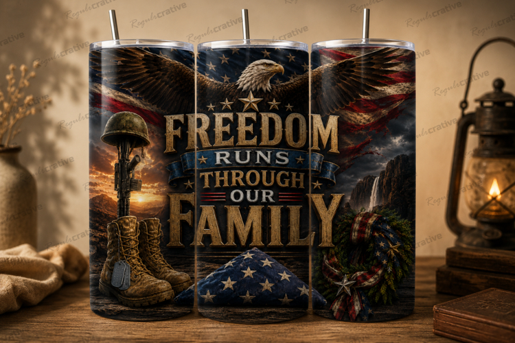 Freedom Runs Through Our Family Tumbler Wrap PNG, Patriotic