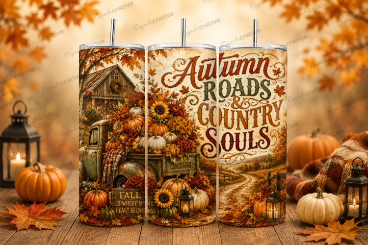 Autumn Roads Country Souls Tumbler Wrap PNG, Rustic Fall Far