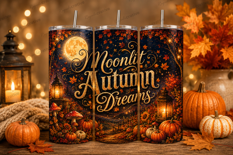 Moonlit Autumn Dreams Tumbler Wrap PNG, Cozy Night Fall Pump