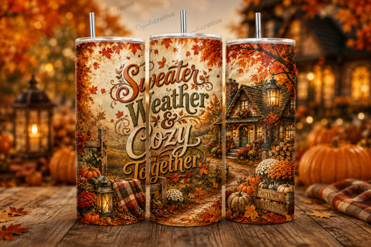 Sweater Weather & Cozy Coffee Tumbler Wrap PNG, Autumn Fall