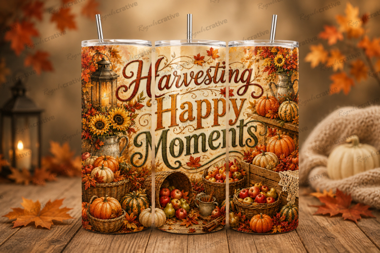 Harvesting Happy Moments Pumpkin Fall Tumbler Wrap PNG, Cozy