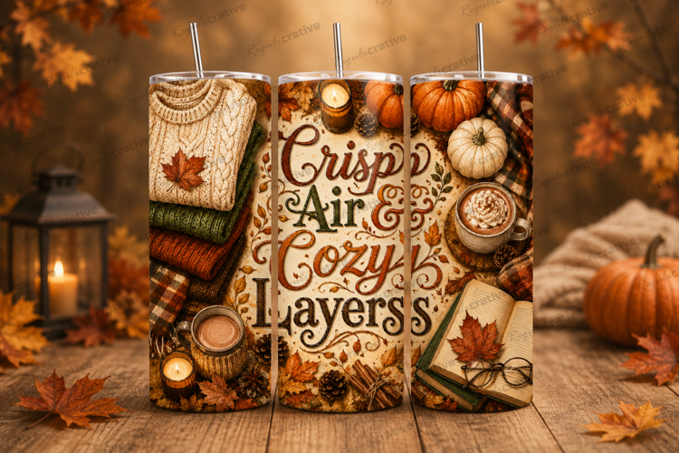 Crisp Air   Cozy Layers Pumpkin Autumn Tumbler Wrap PNG,