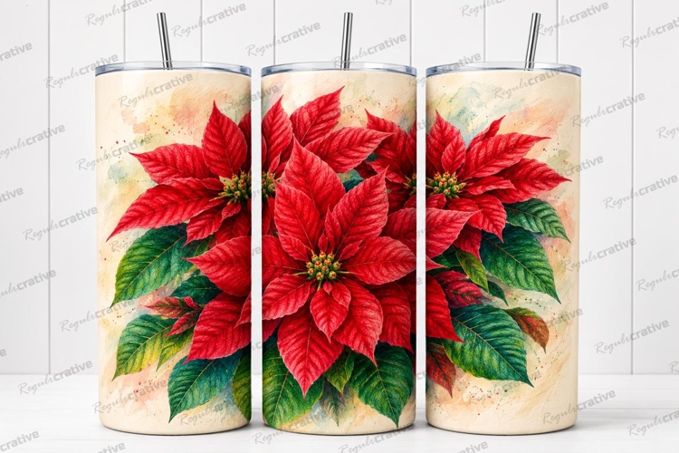 Red Poinsettia Floral Tumbler Wrap PNG, Red Poinsettia Flora
