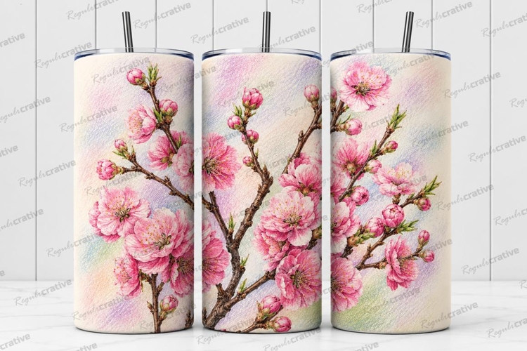 Pink Cherry Blossom Floral Tumbler Wrap PNG Pink Cherry