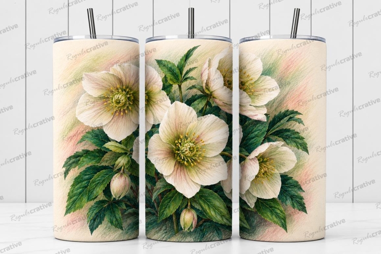 White Hellebore Floral Tumbler Wrap PNG, White Hellebore Flo