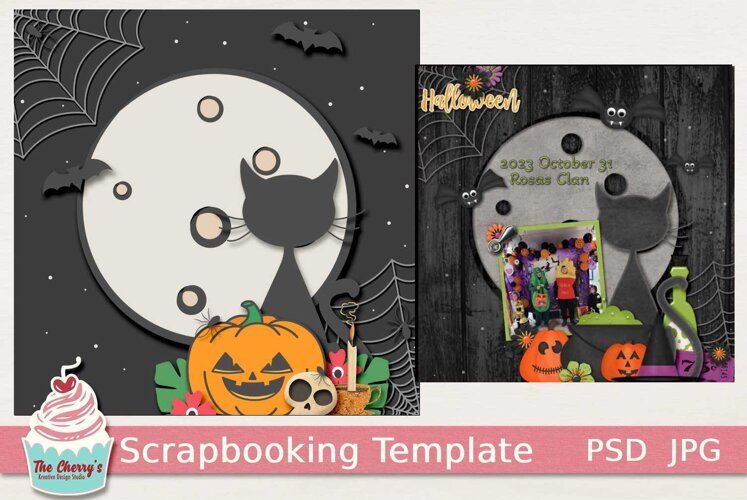 Halloween Scrapbooking Template with Cat and Jack-O-Lantern example image 1