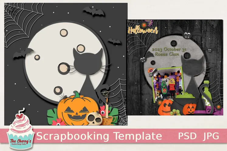 Halloween Scrapbooking Template with Cat and Jack-O-Lantern