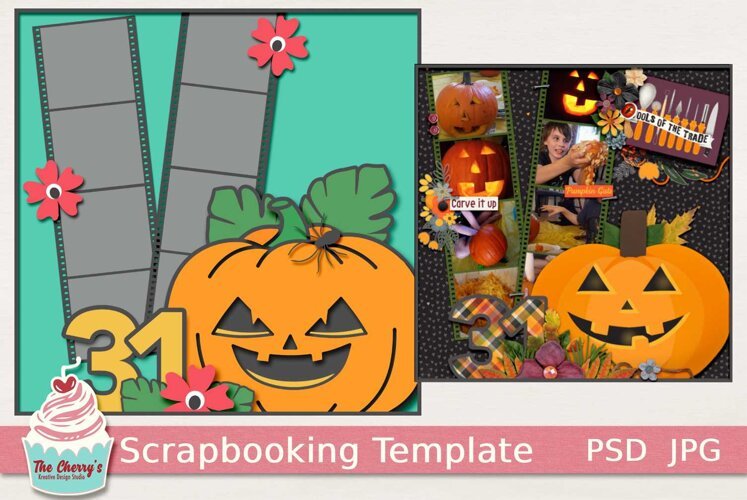 Halloween Pumpkin and Film Strips Scrapbooking Template example image 1