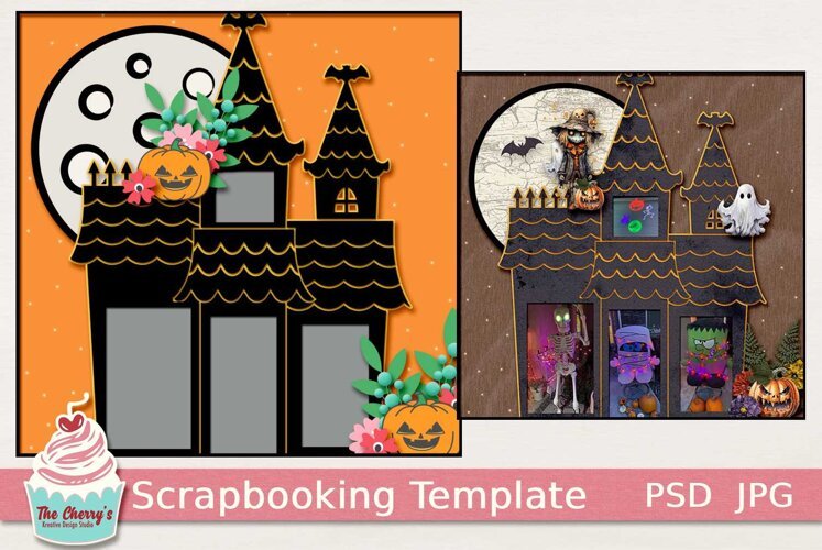 Haunted House with Big Moon Halloween Scrapbooking Template example image 1