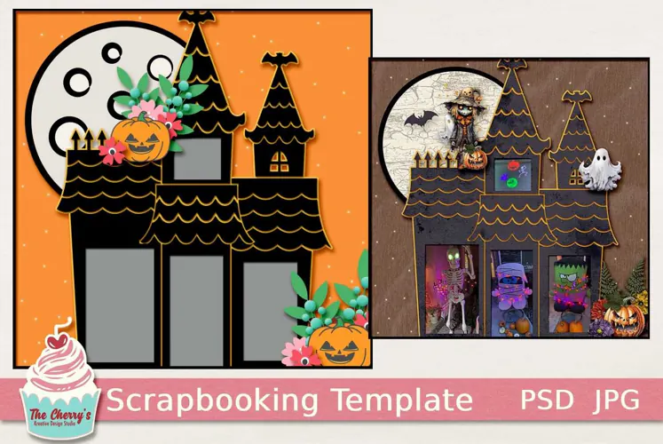 Haunted House with Big Moon Halloween Scrapbooking Template