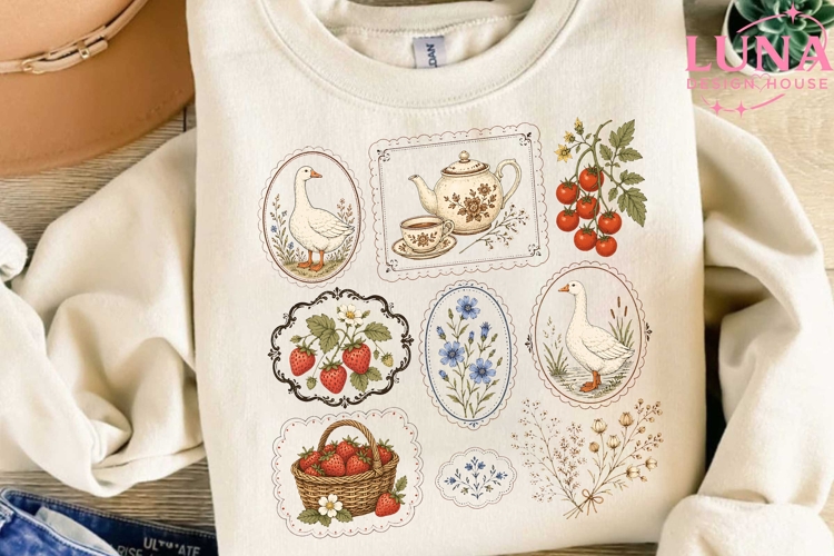 Cottagecore Goose Strawberry PNG, Farmhouse Aesthetic Clipar