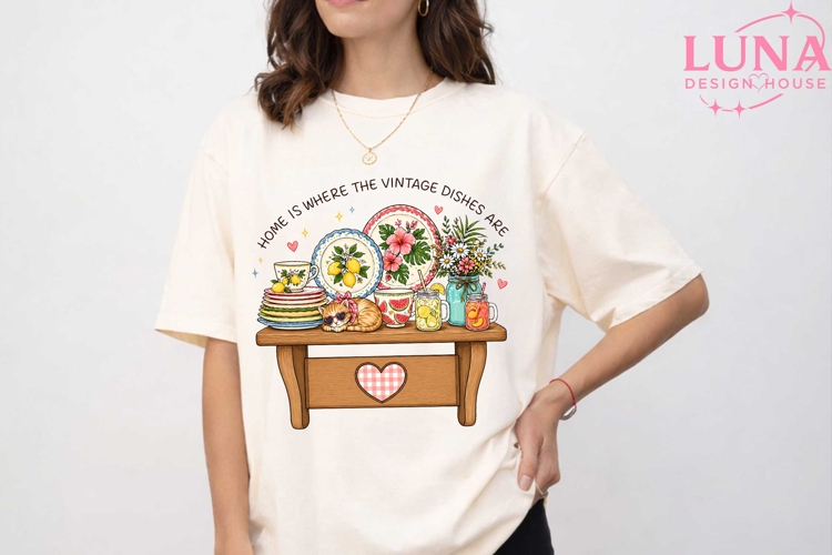 Vintage Dishes Kitchen Scene PNG, Retro Kitchen Clipart PNG