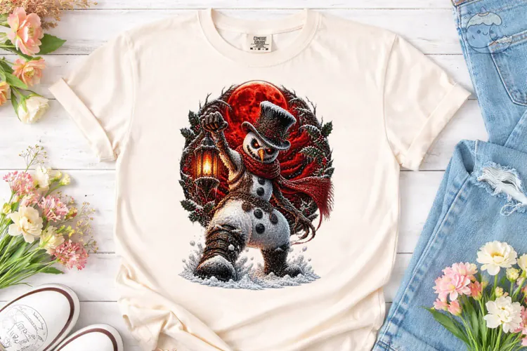 Winter Snowman Red Moon PNG Shirt Design