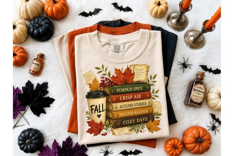 Fall Books Cozy Autumn PNG Shirt Design example image 1
