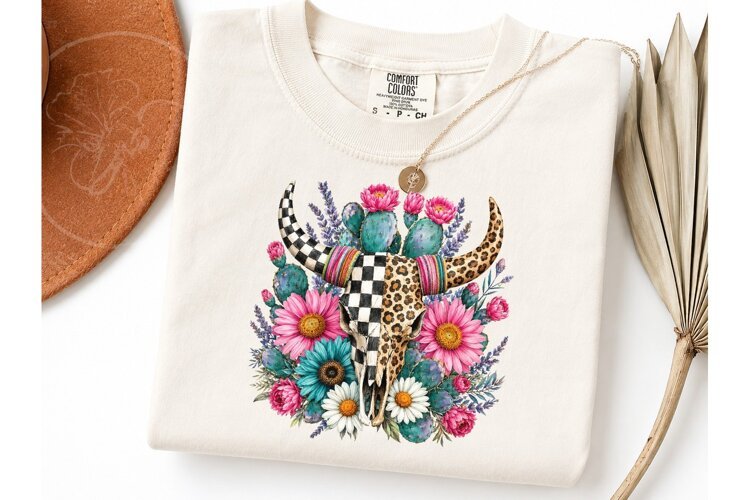 Boho Bull Skull Floral Western PNG Tee example image 1