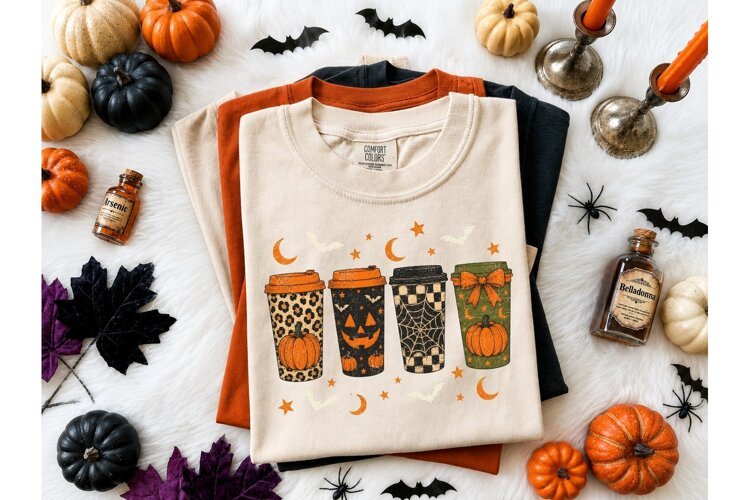 Halloween Coffee Cups PNG Shirt Design example image 1
