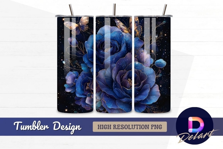 Blue roses and golden butterflies Tumbler PNG Design