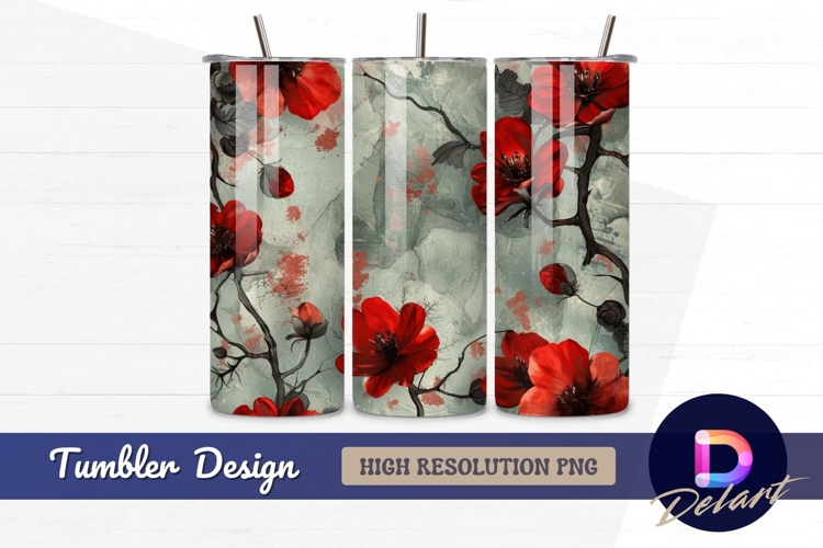 Red flowers dark branches watercolor Tumbler PNG Design