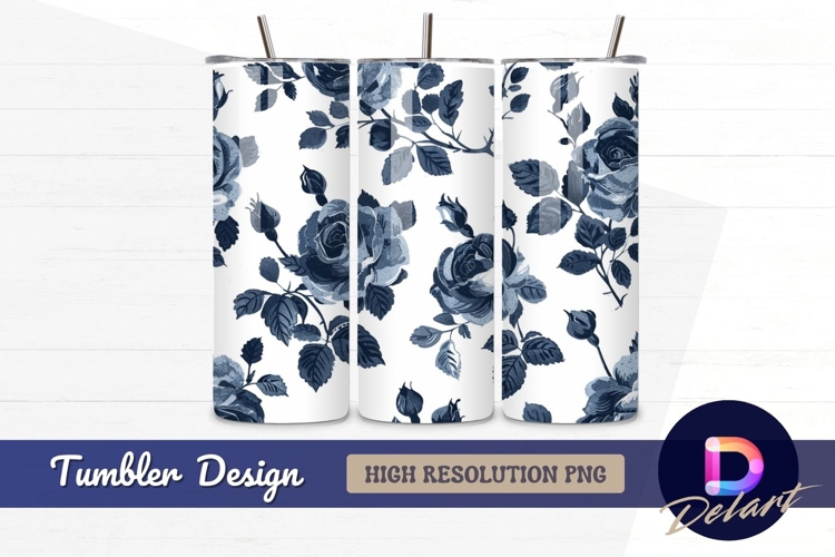 Indigo rose flower seamless pattern Tumbler PNG Design