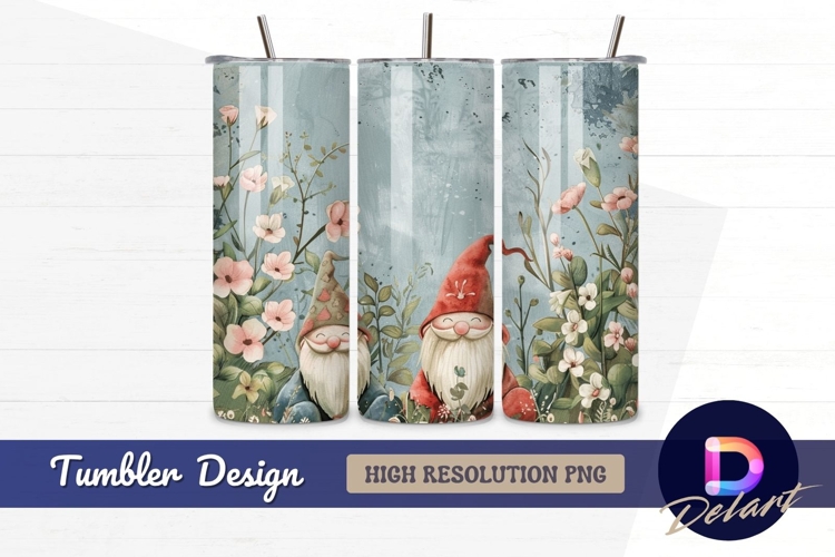 Cute garden gnomes floral watercolor Tumbler PNG Design