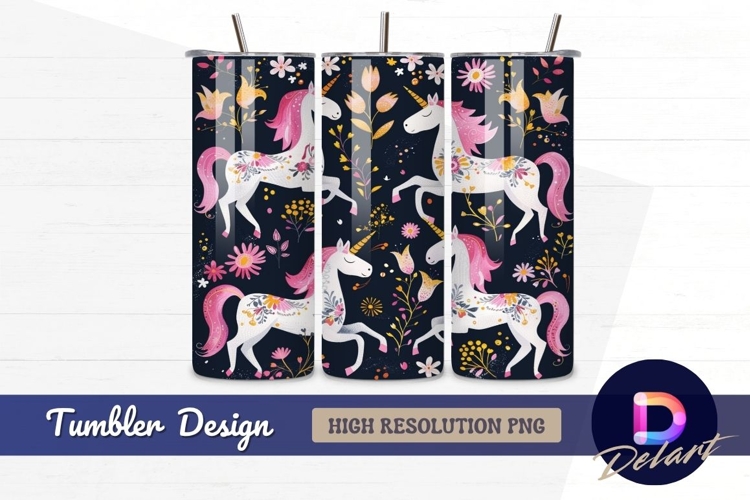 Floral unicorns on navy background Tumbler PNG Design