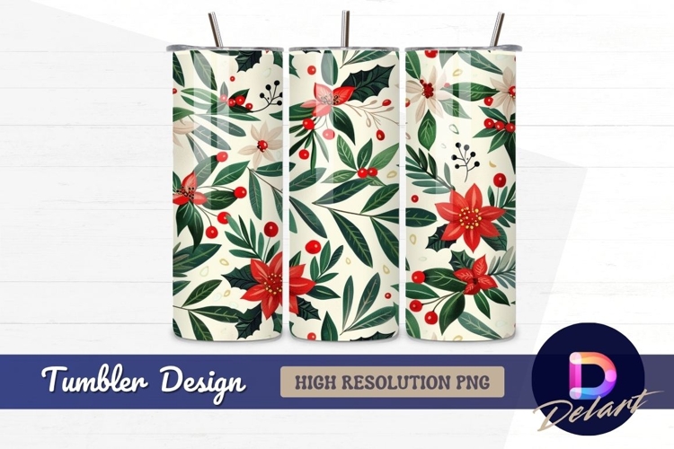 Festive botanical poinsettias and holly Tumbler PNG Design