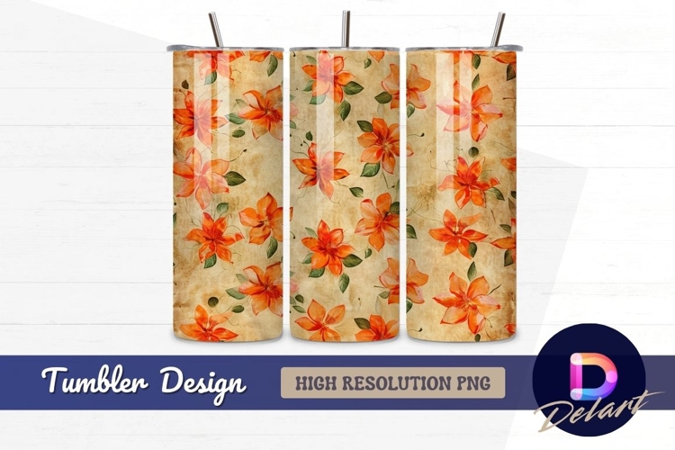 Orange floral pattern aged vintage look Tumbler PNG Design
