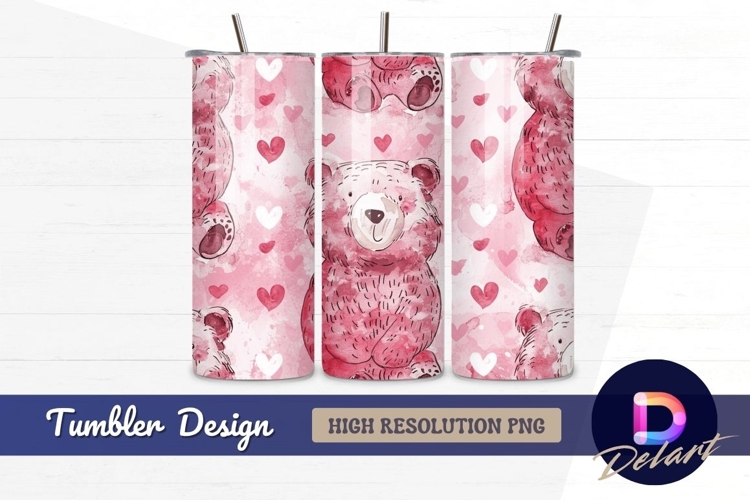 Pink bear and hearts watercolor Tumbler PNG Design